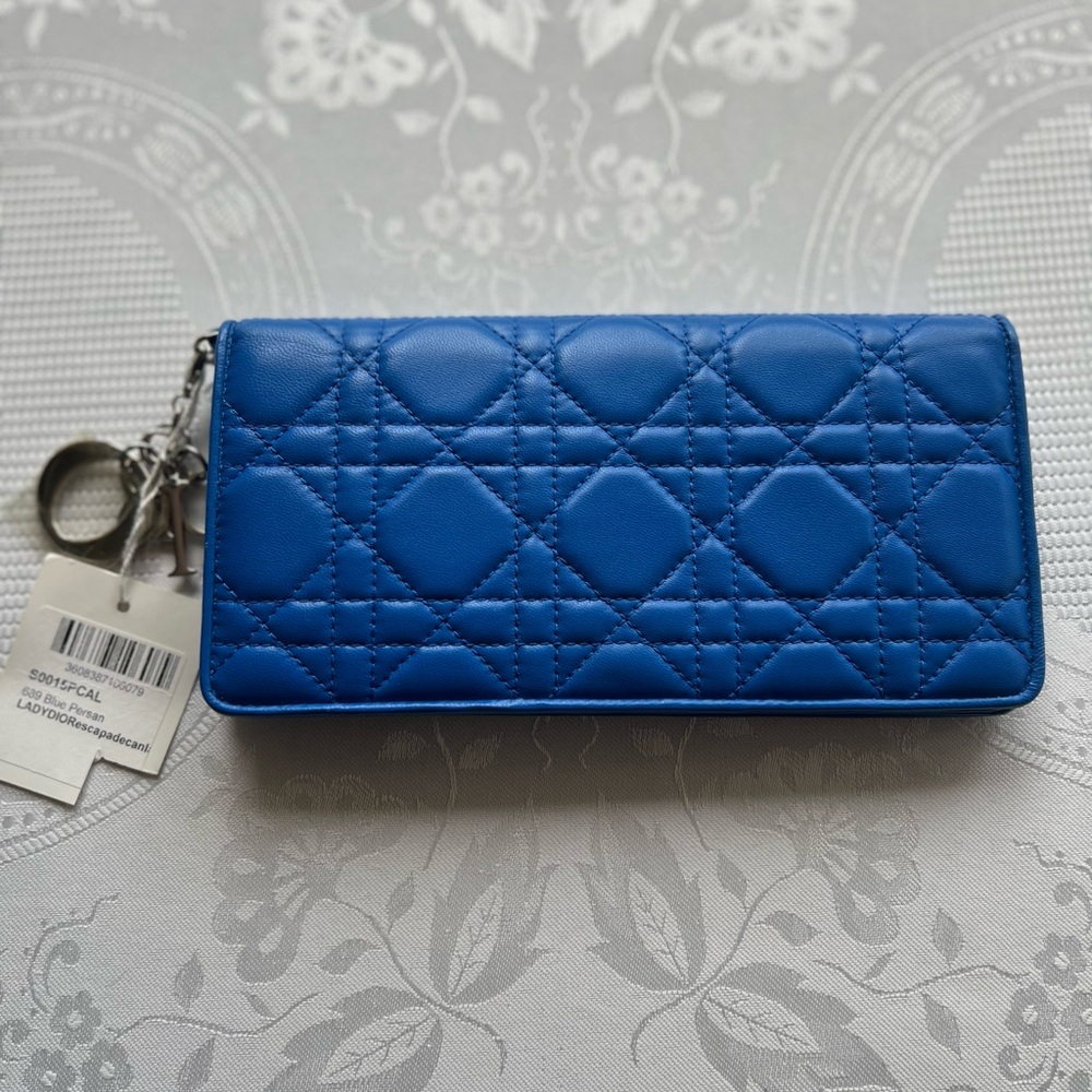 Christian Dior Cannage Lady Dior Charm Leather Wallet,  Snap Closure,  Blue